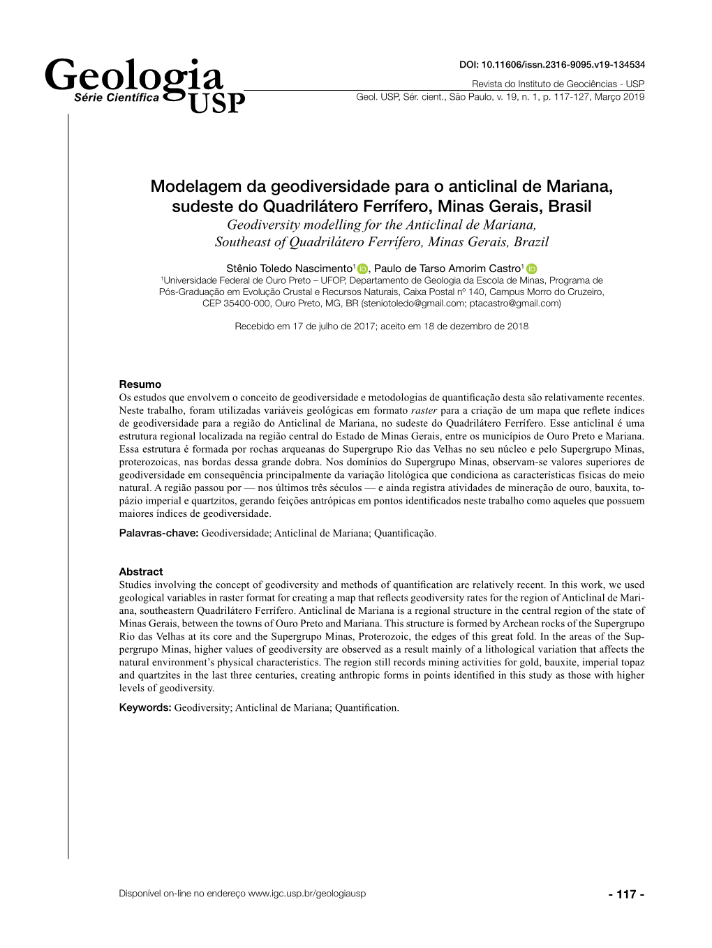 Modelagem Da Geodiversidade Para O Anticlinal De Mariana, Sudeste Do