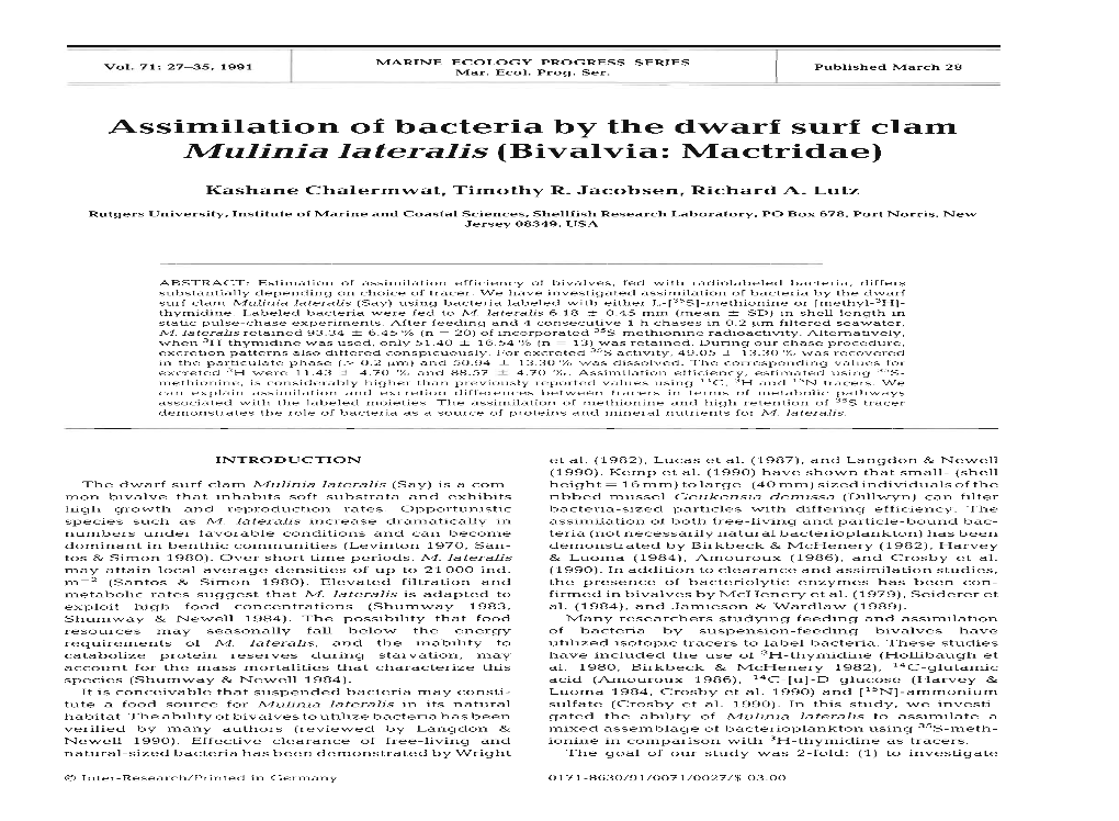 Assimilation of Bacteria by the Dwarf Surf Clam Mulinia Lateralis (Bivalvia: Mactridae)