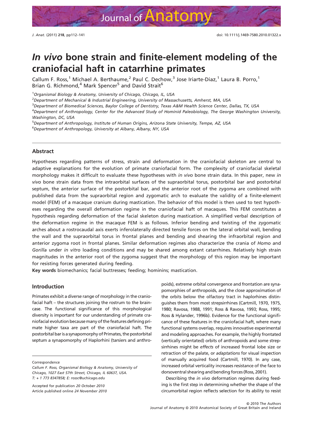 In Vivo Bone Strain and Finiteelement Modeling of the Craniofacial Haft In