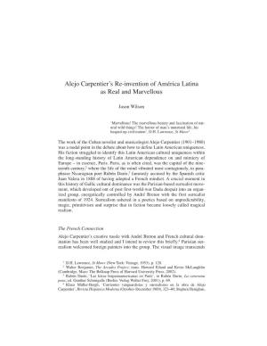 Alejo Carpentier's Re-Invention of América Latina As Real and Marvellous