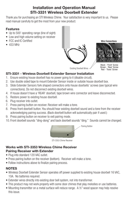 Installation and Operation Manual STI-3331 Wireless Doorbell Extender Thank You for Purchasing an STI Wireless Chime