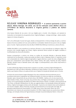 RELEASE VIRGÍNIA RODRIGUES – a Cantora Apresenta O Quinto Álbum, Mama Kalunga. Em 2016, Se