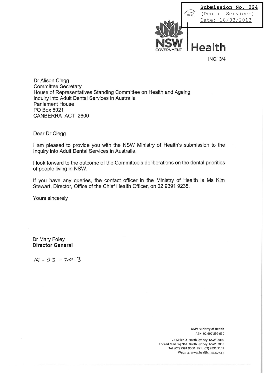 NSW Ministry of Health's Submission to the Inquiry Into Adult Dental Services in Australia