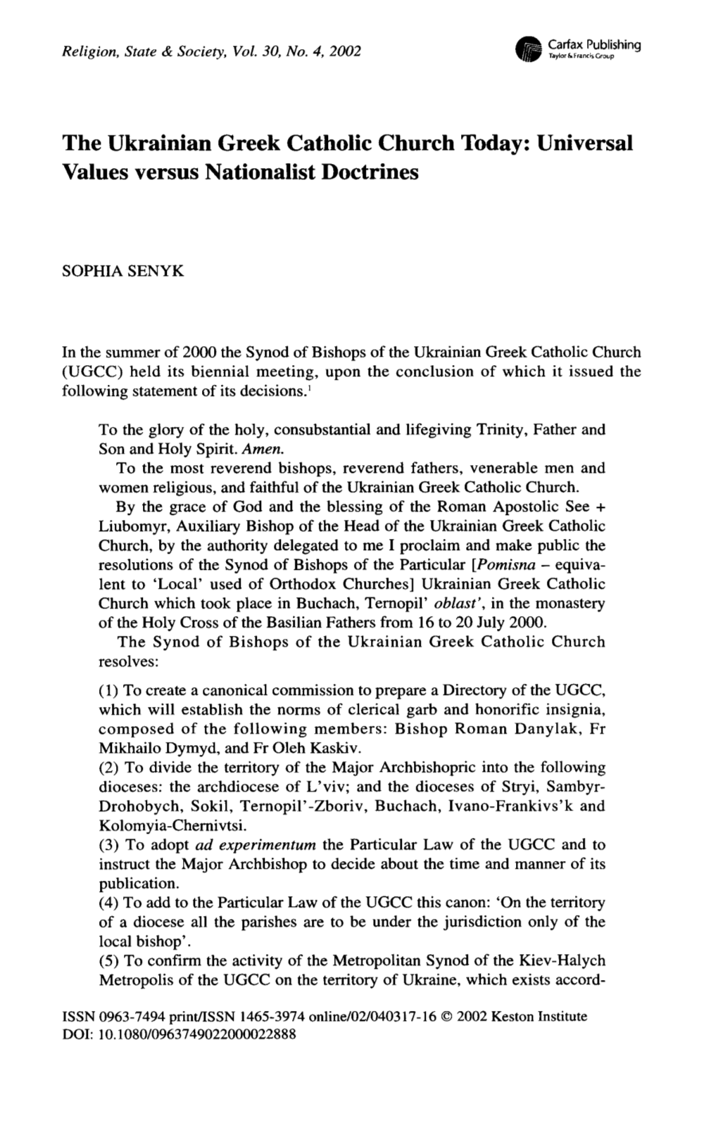 The Ukrainian Greek Catholic Church Today: Universal Values Versus Nationalist Doctrines