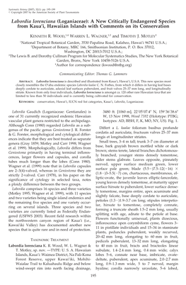 Labordia Lorenciana (Loganiaceae): a New Critically Endangered Species from Kaua’I, Hawaiian Islands with Comments on Its Conservation