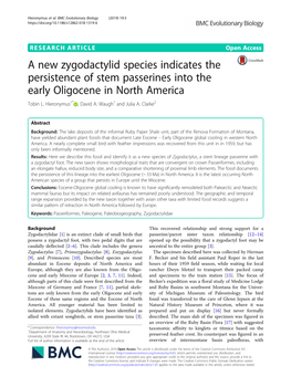 A New Zygodactylid Species Indicates the Persistence of Stem Passerines Into the Early Oligocene in North America Tobin L
