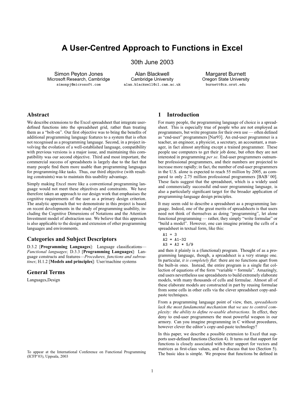 A User-Centred Approach to Functions in Excel