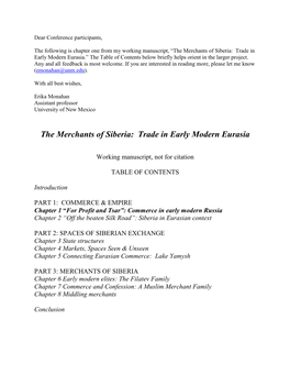 The Merchants of Siberia: Trade in Early Modern Eurasia.” the Table of Contents Below Briefly Helps Orient in the Larger Project