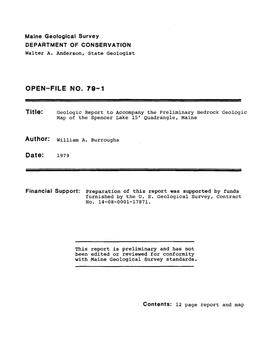 Preliminary Bedrock Geology of the Spencer Lake 15