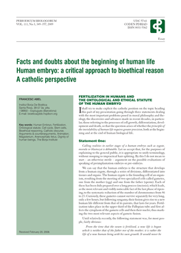Facts and Doubts About the Beginning of Human Life Human Embryo: a Critical Approach to Bioethical Reason a Catholic Perspective