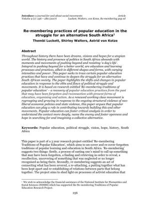 Re-Membering Practices of Popular Education in the Struggle for an Alternative South Africa1 Thembi Luckett, Shirley Walters, Astrid Von Kotze