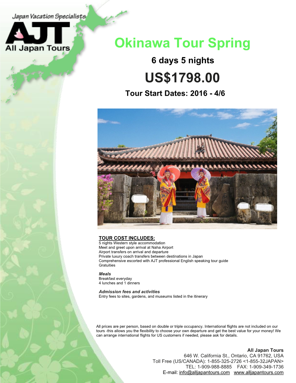 US$1798.00 Okinawa Tour Spring