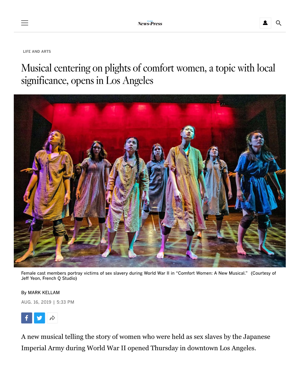 Musical Centering on Plights of Comfort Women, a Topic with Local Significance, Opens in Los Angeles