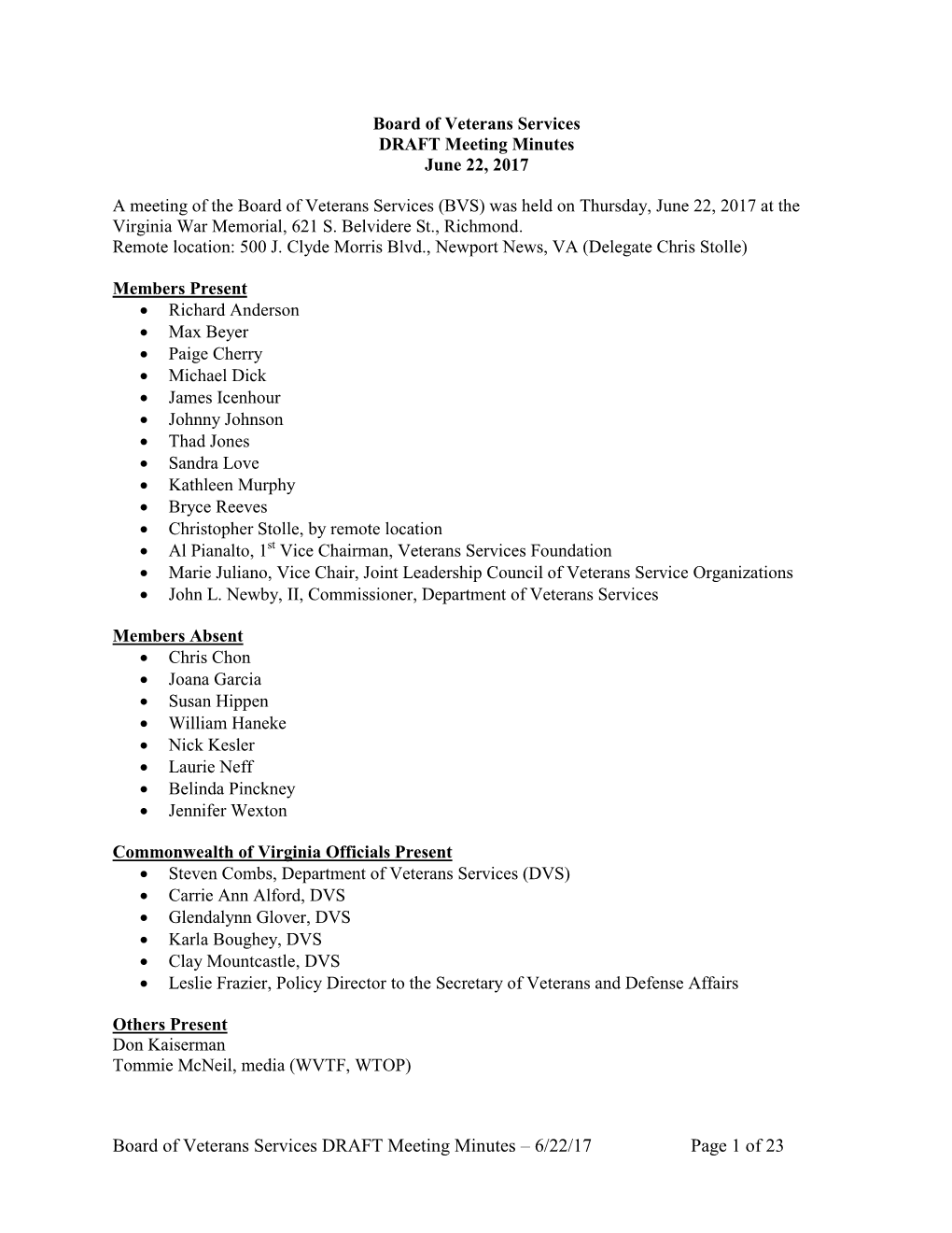 Board of Veterans Services DRAFT Meeting Minutes June 22, 2017