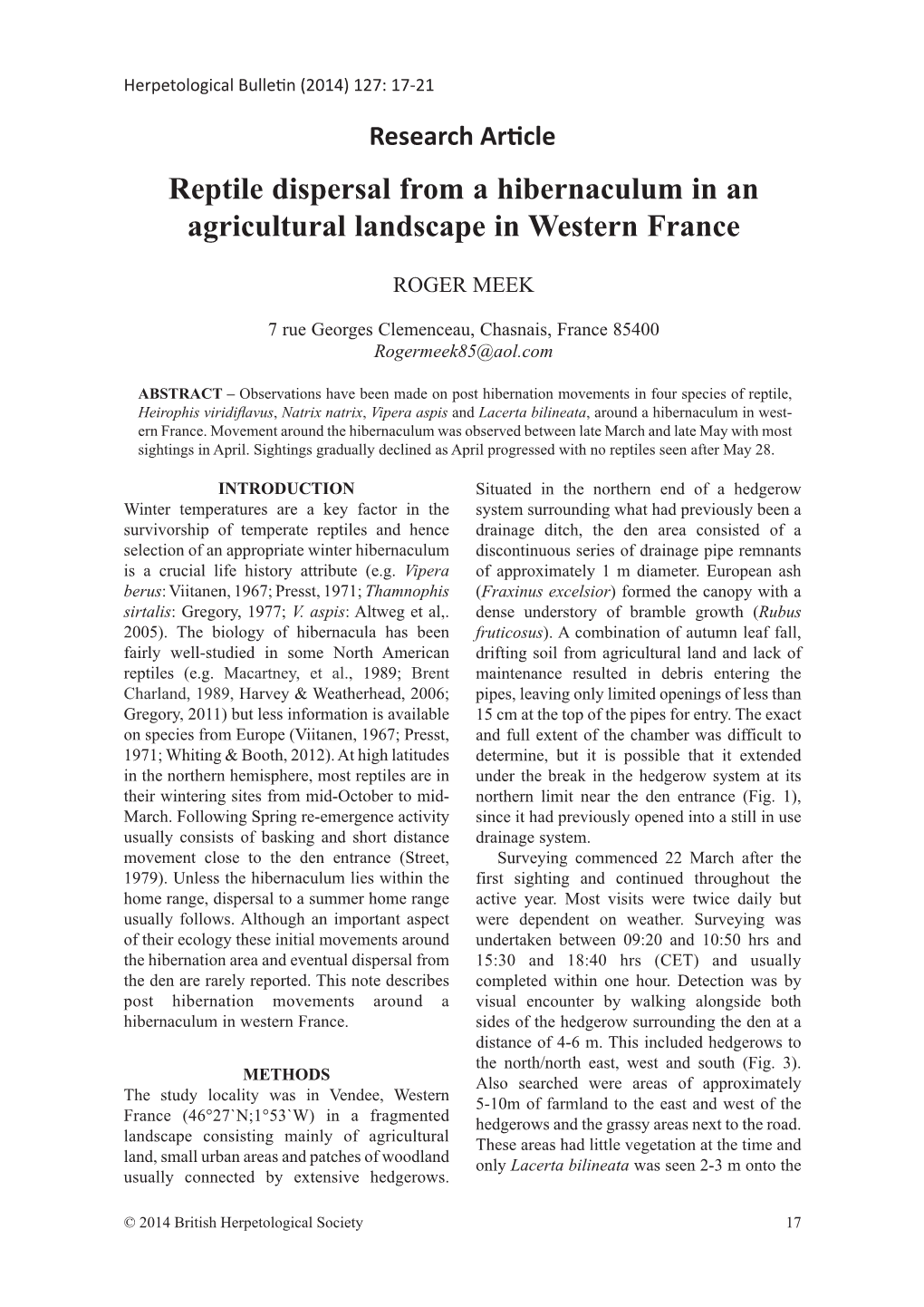 Reptile Dispersal from a Hibernaculum in an Agricultural Landscape in Western France