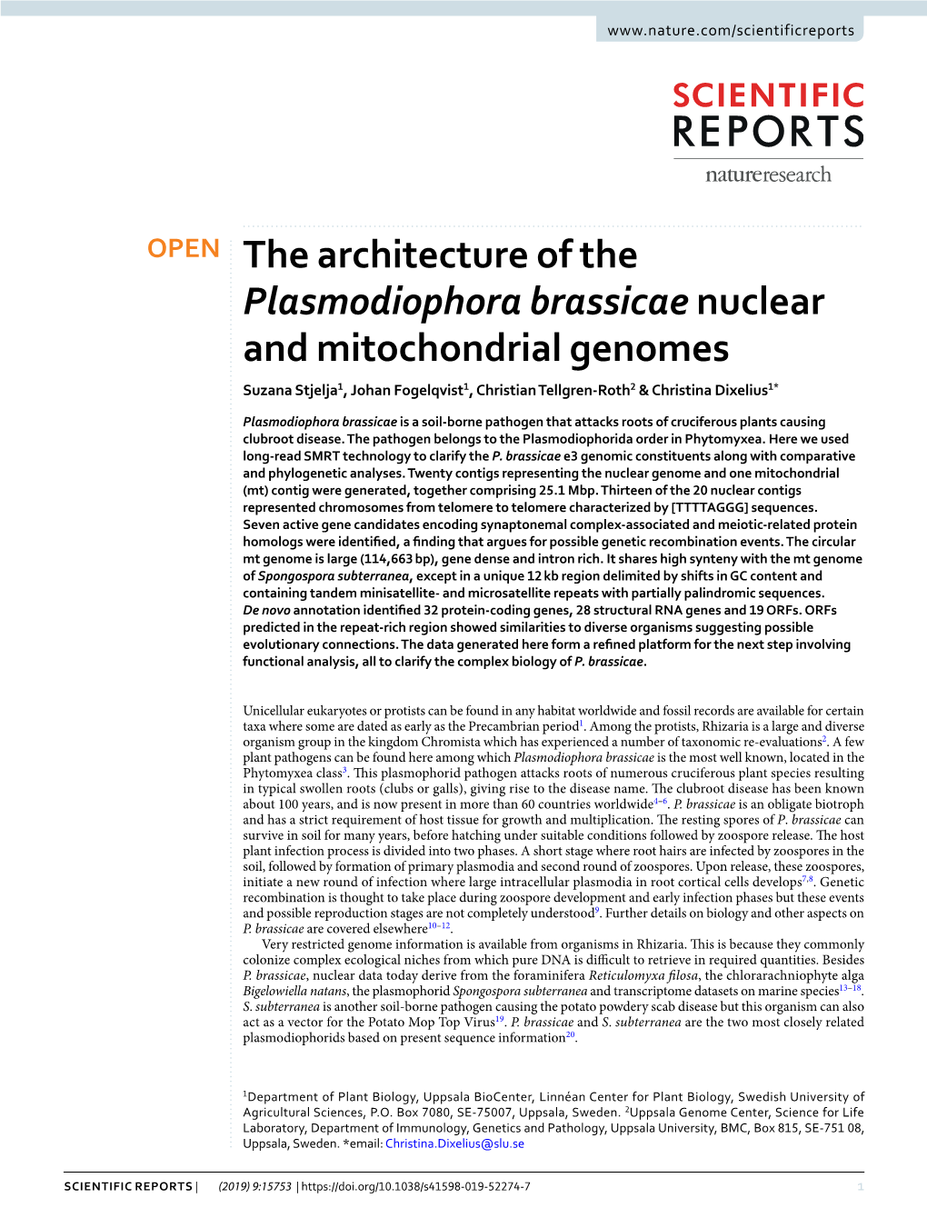 The Architecture of the Plasmodiophora Brassicae Nuclear and Mitochondrial Genomes Suzana Stjelja1, Johan Fogelqvist1, Christian Tellgren-Roth2 & Christina Dixelius1*