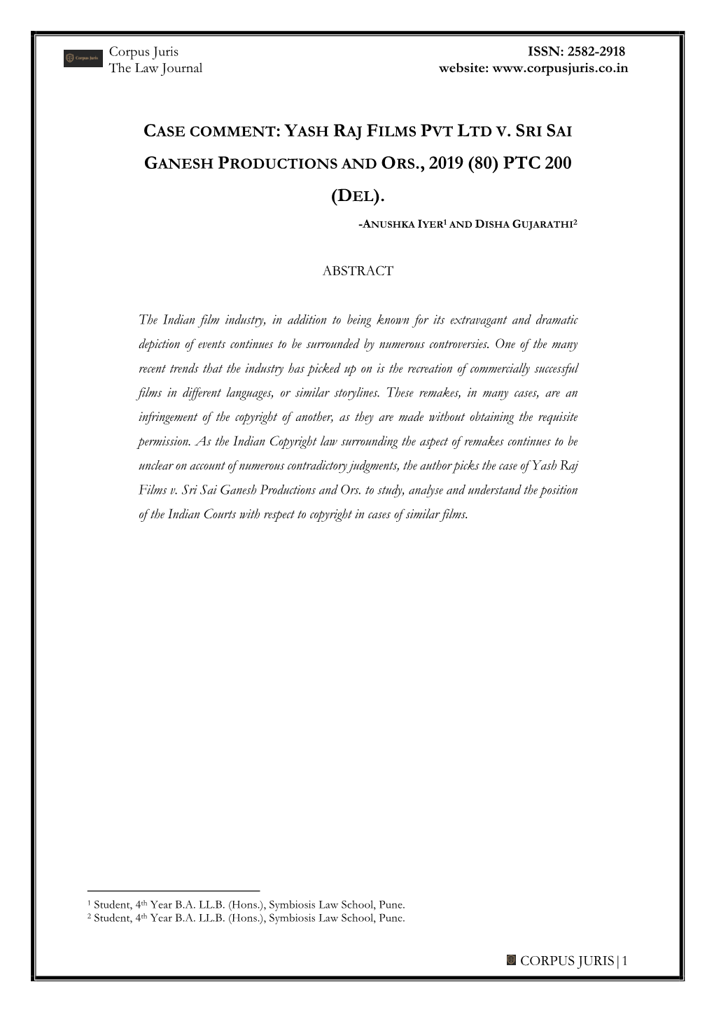 YRF Pvt. Ltd. V. Sri Sai Ganesh Productions and Ors