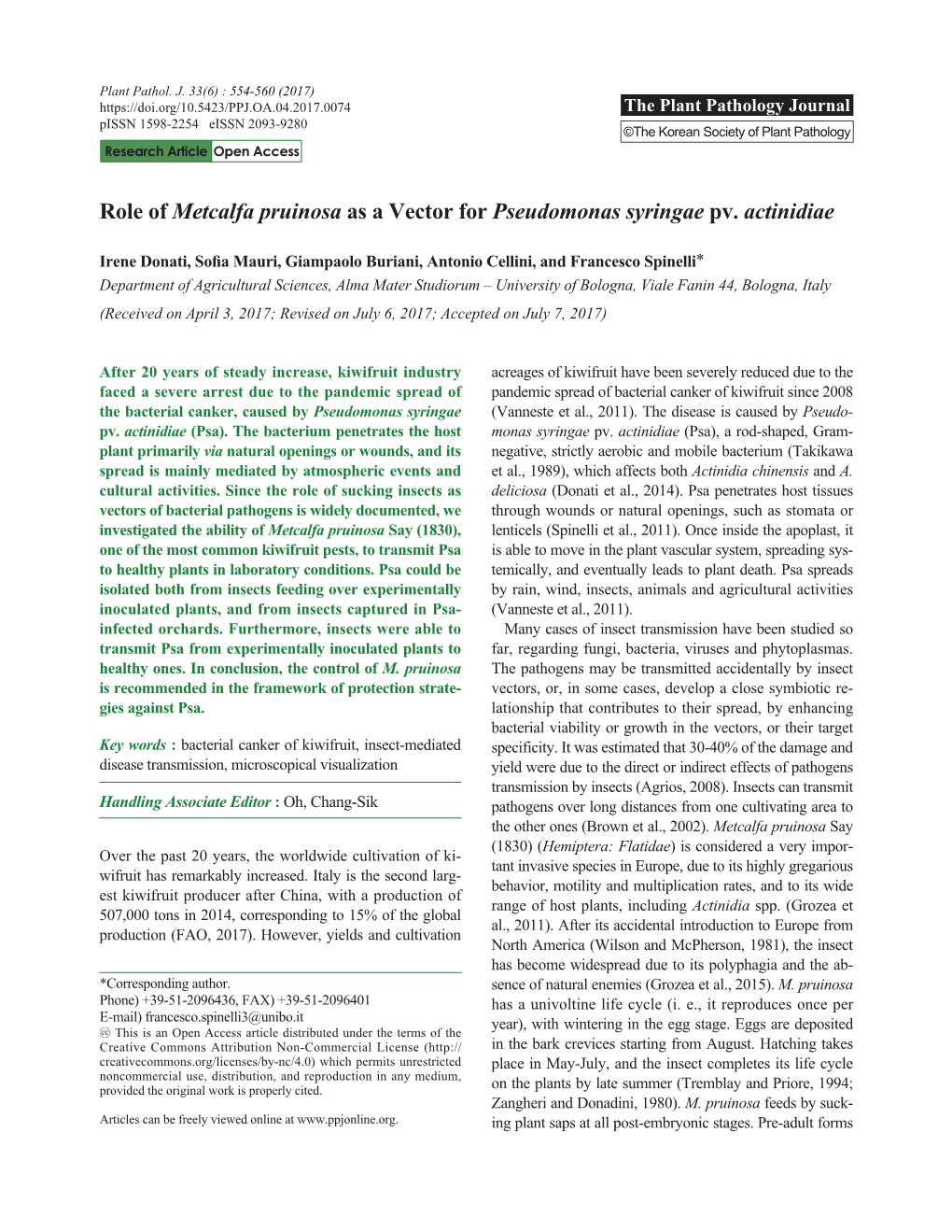 Role of Metcalfa Pruinosa As a Vector for Pseudomonas Syringae Pv. Actinidiae