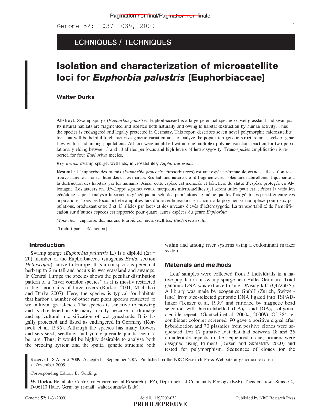 Isolation and Characterization of Microsatellite Loci for Euphorbia Palustris (Euphorbiaceae)