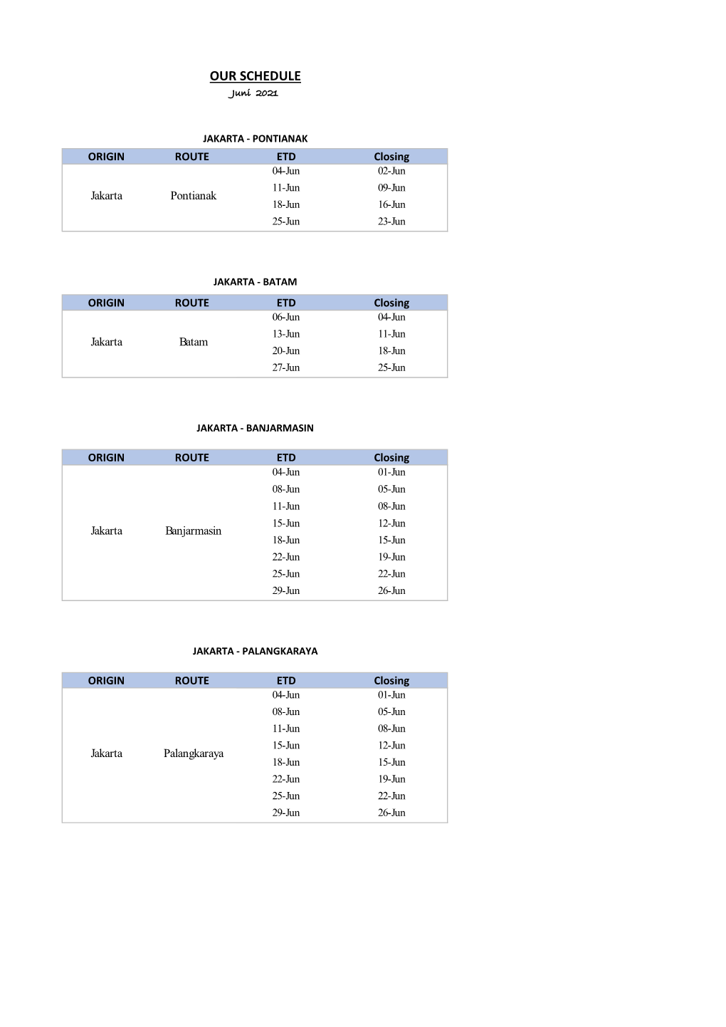 Schedule Kapal Juni 2021 Departure City Jakarta