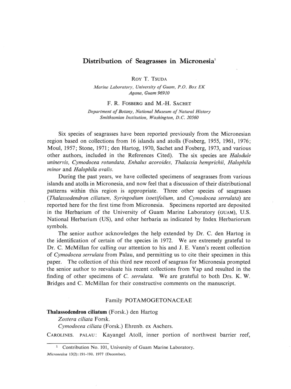 Distribution of Seagrasses in Micronesia 1