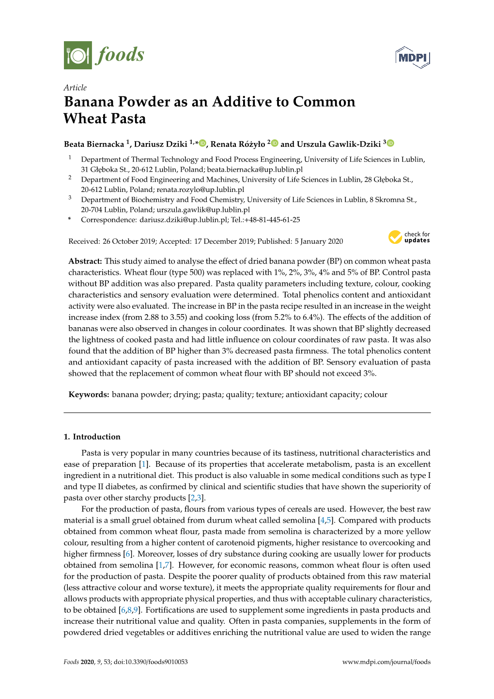 Banana Powder As an Additive to Common Wheat Pasta