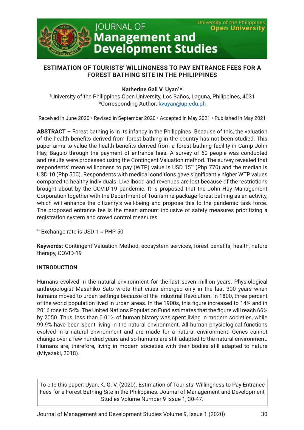 Estimation of Tourists' Willingness to Pay Entrance Fees for a Forest