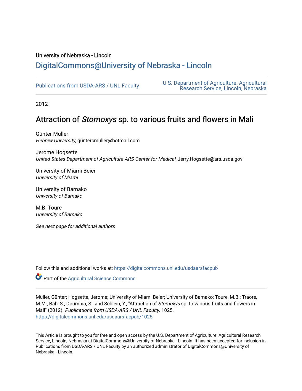 Attraction of &lt;I&gt;Stomoxys&lt;/I&gt; Sp. to Various Fruits and Flowers in Mali