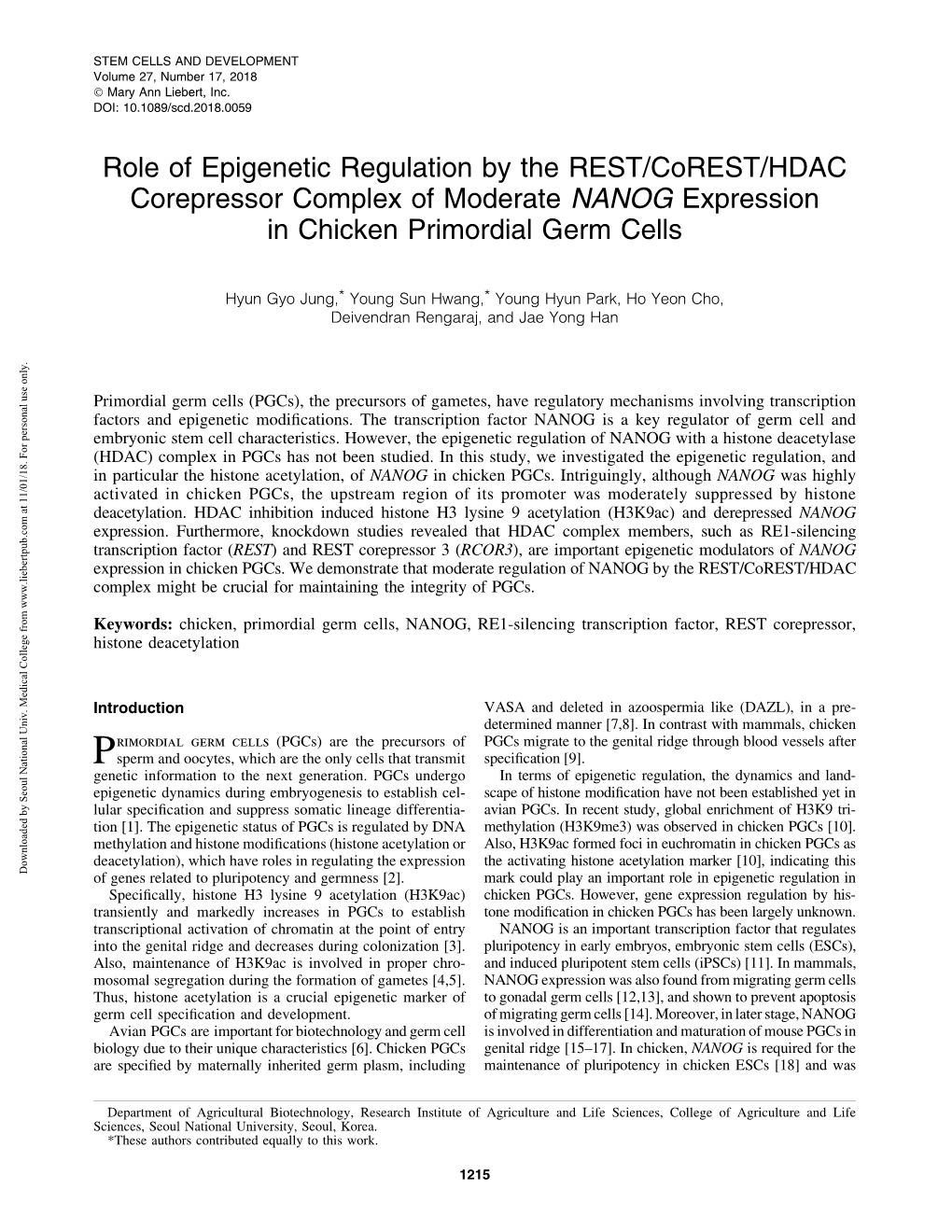 Role of Epigenetic Regulation by the REST/Corest/HDAC Corepressor Complex of Moderate NANOG Expression in Chicken Primordial Germ Cells
