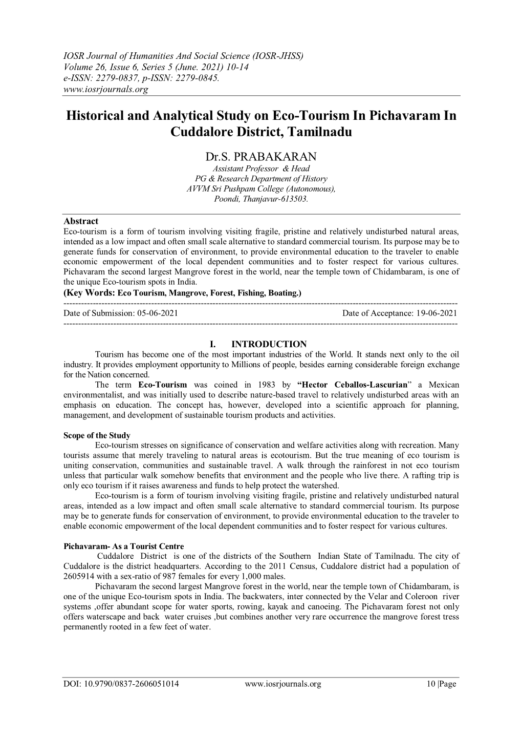 Historical and Analytical Study on Eco-Tourism in Pichavaram in Cuddalore District, Tamilnadu