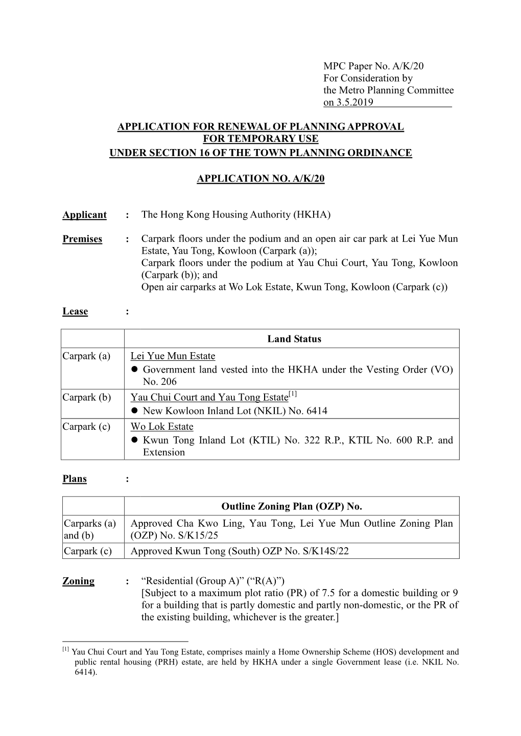 MPC Paper No. A/K/20 for Consideration by the Metro Planning Committee on 3.5.2019