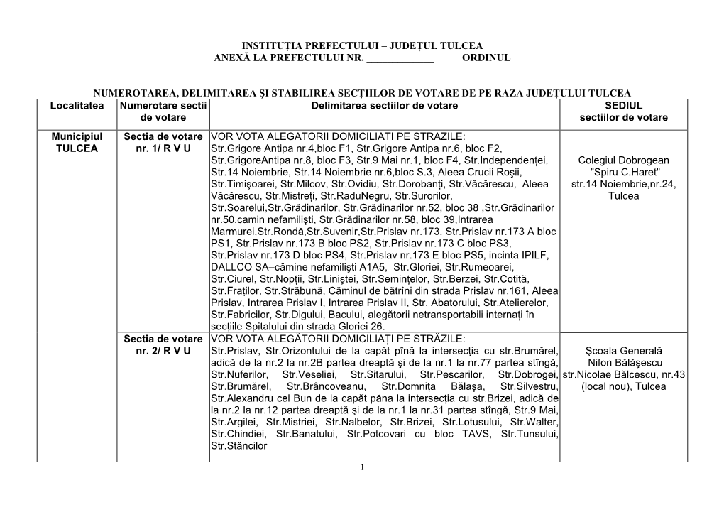 Instituţia Prefectului – Judeţul Tulcea Anexă La Prefectului Nr. ___Ordinul Numerotarea, Delimitarea Şi