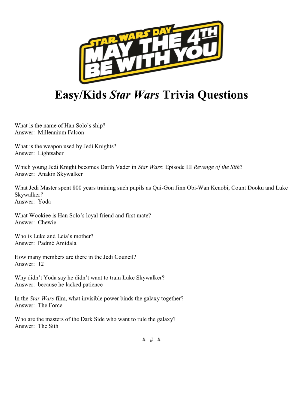 Easy/Kids Star Wars Trivia Questions