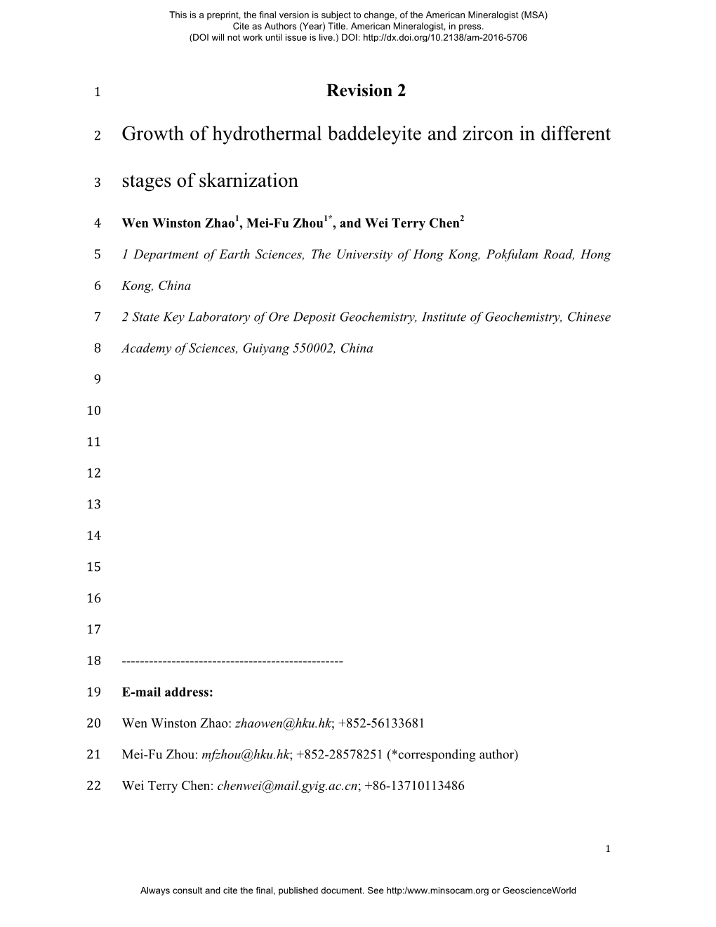 Growth of Hydrothermal Baddeleyite and Zircon in Different Stages Of