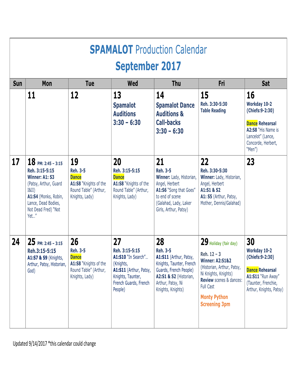 SPAMALOT Production Calendar September 2017