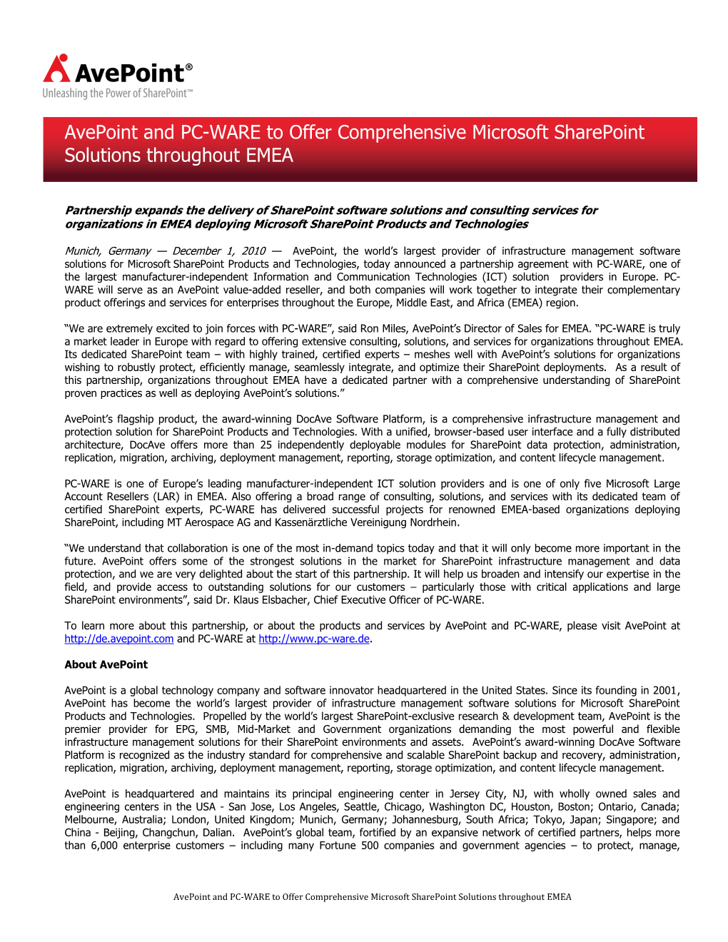 Avepoint and PC-WARE to Offer Comprehensive Microsoft Sharepoint Solutions Throughout EMEA