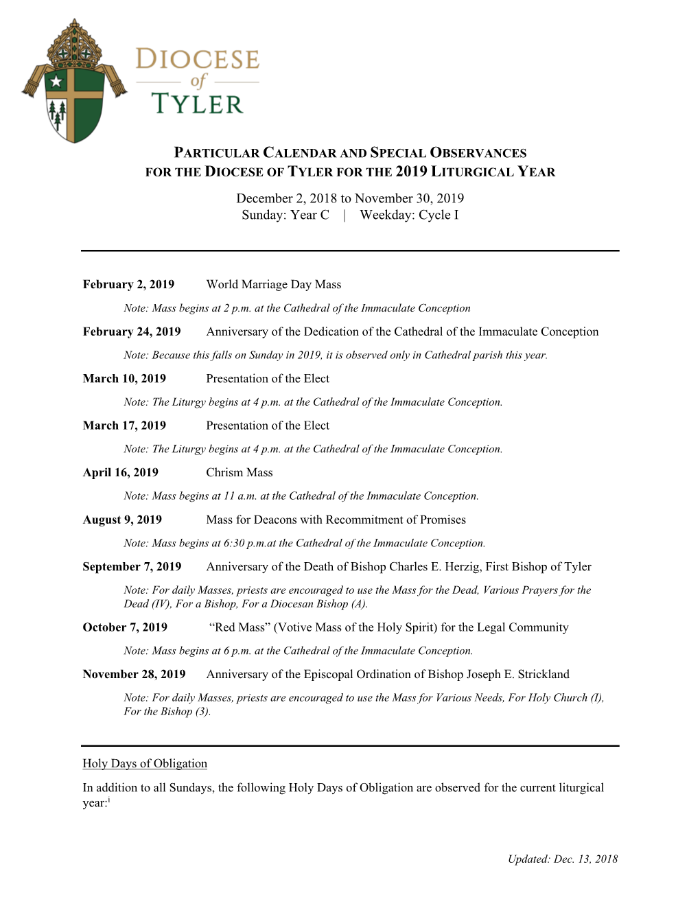 Diocesan Liturgical Calendar