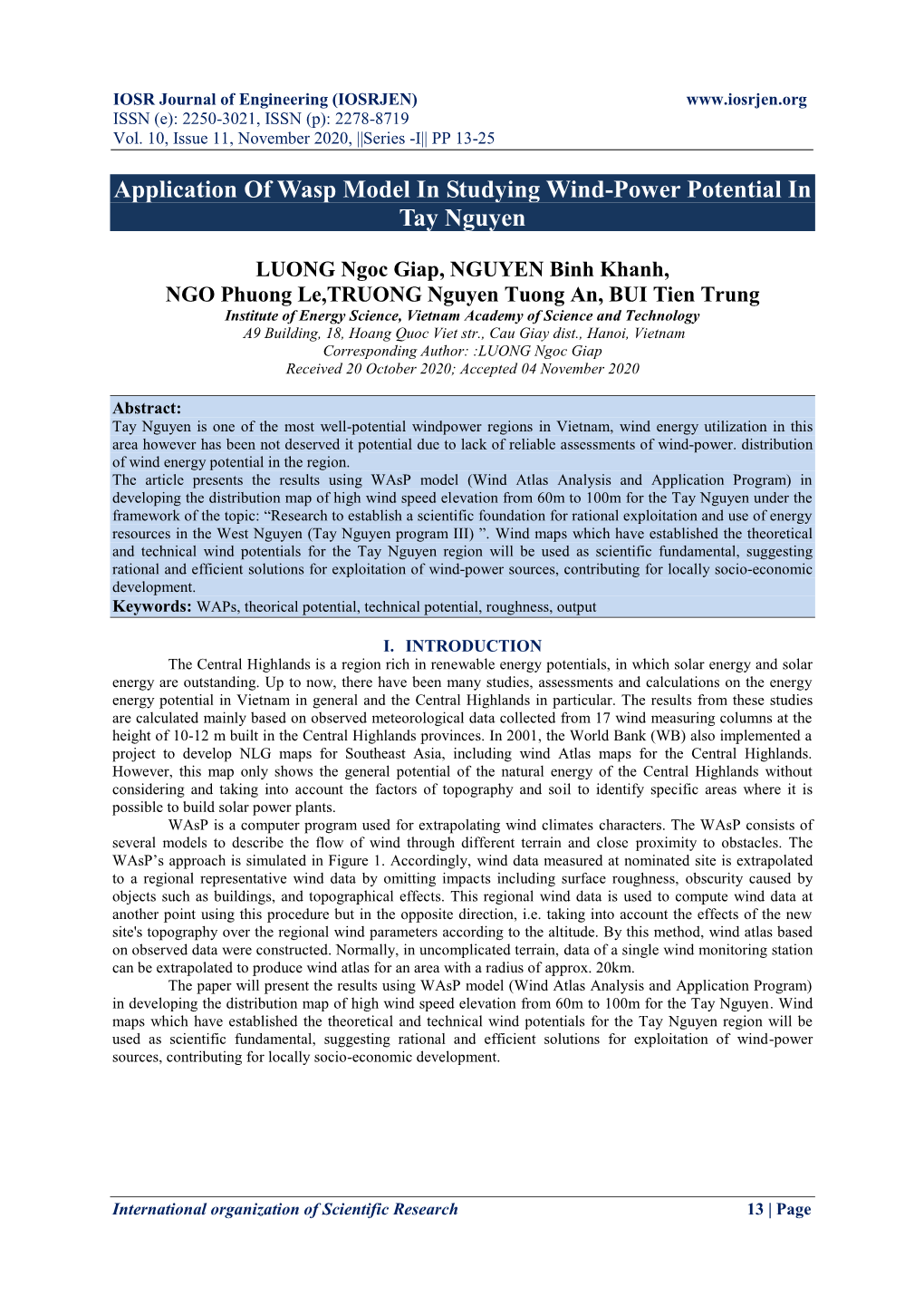 Application of Wasp Model in Studying Wind-Power Potential in Tay Nguyen