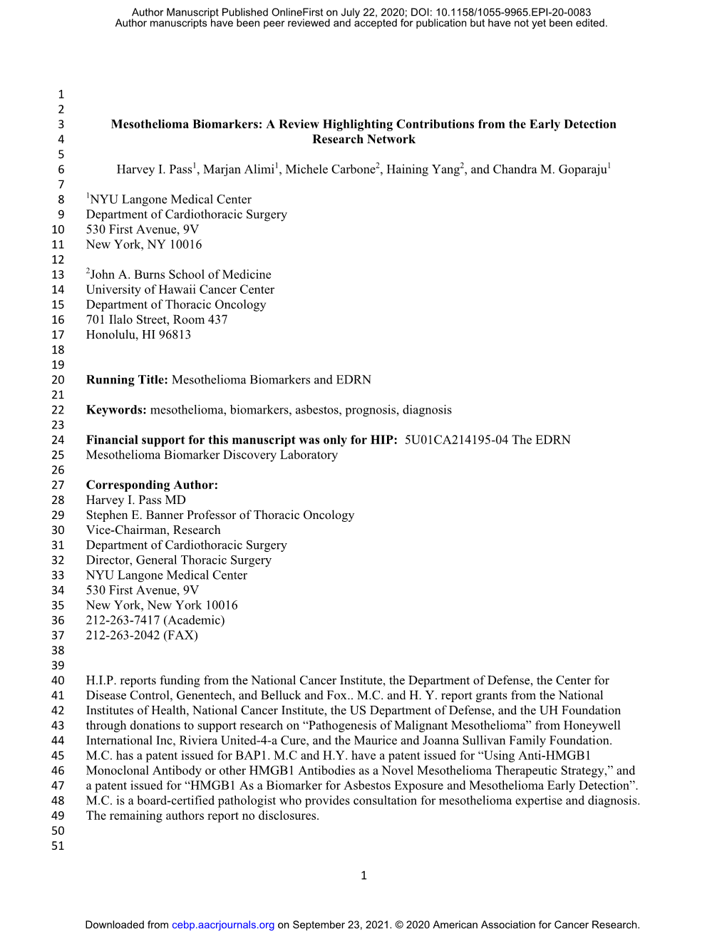 Mesothelioma Biomarkers: a Review Highlighting Contributions from the Early Detection 4 Research Network 5 6 Harvey I