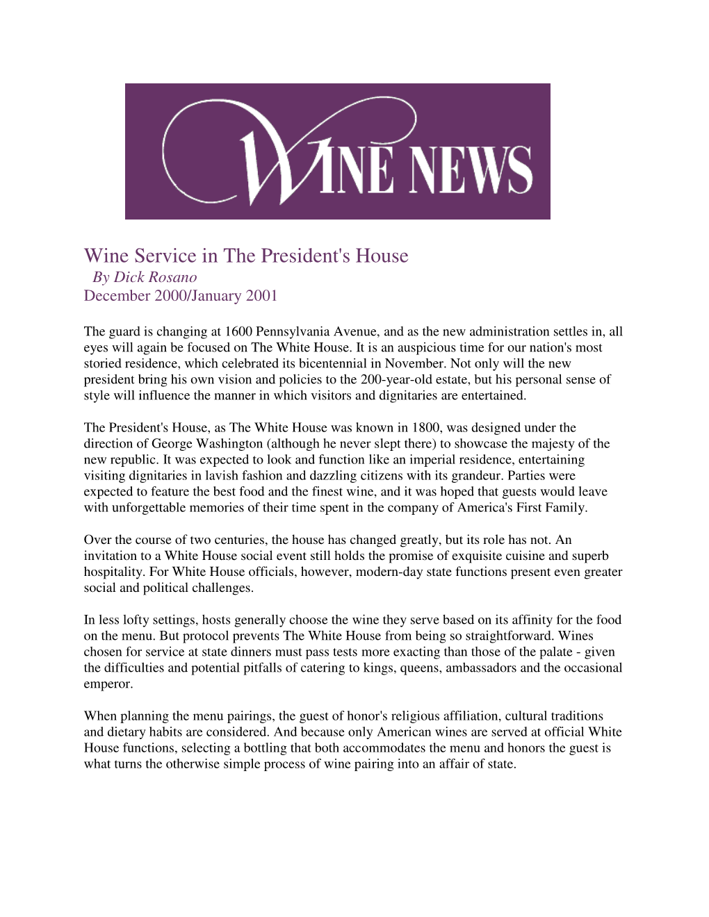 Wine Service in the President's House by Dick Rosano December 2000/January 2001