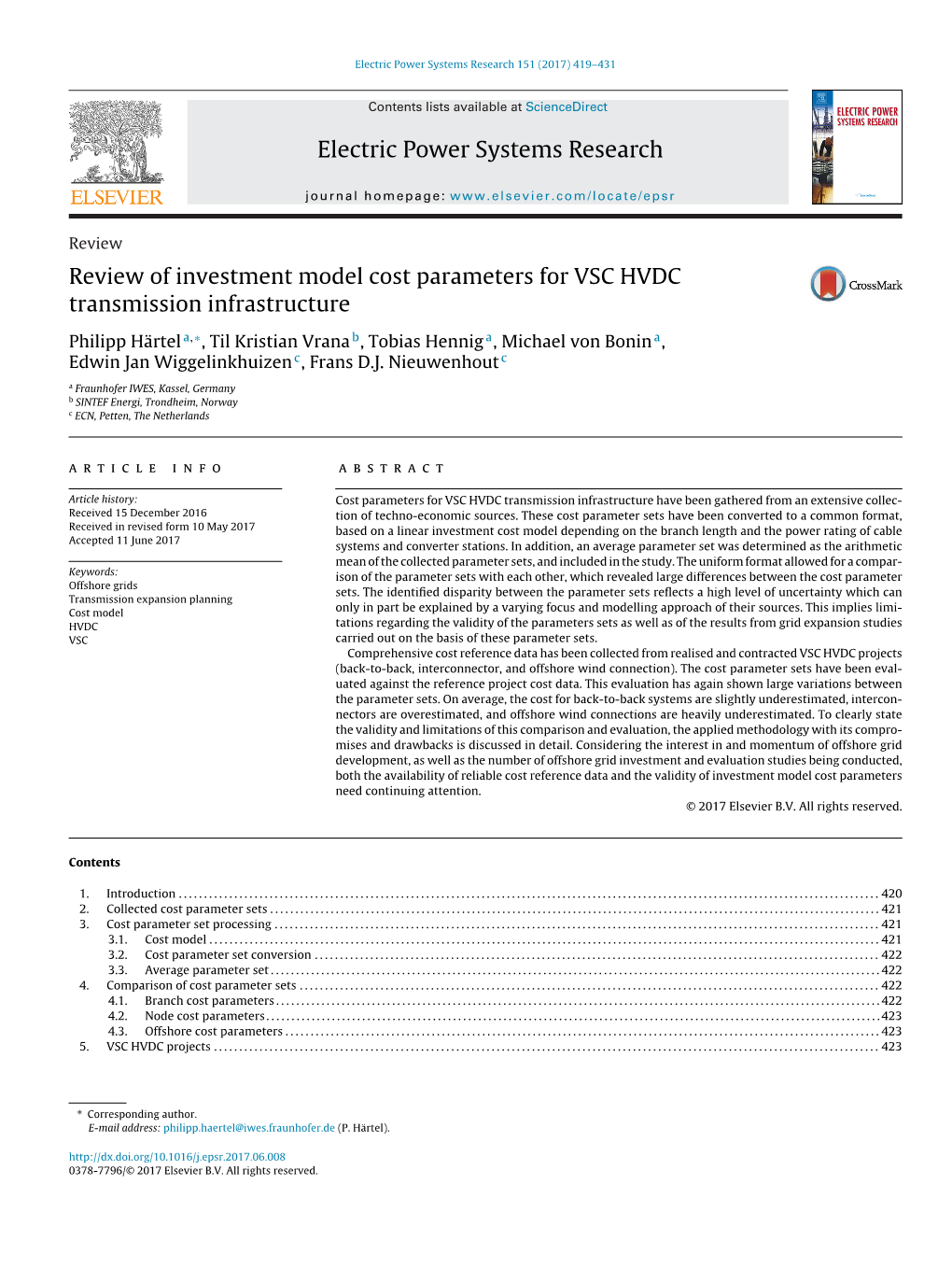 Review of Investment Model Cost Parameters for VSC HVDC