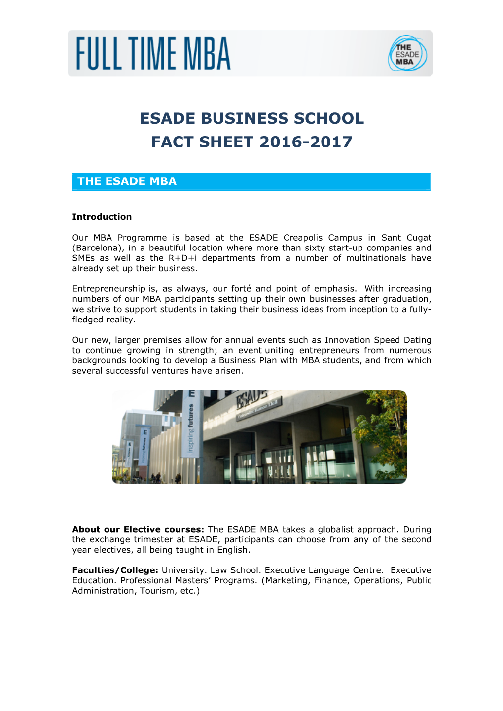 Esade Business School Fact Sheet 2016-2017