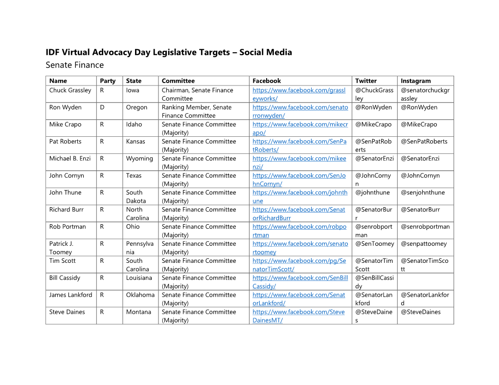 IDF Virtual Advocacy Day Legislative Targets – Social Media Senate Finance