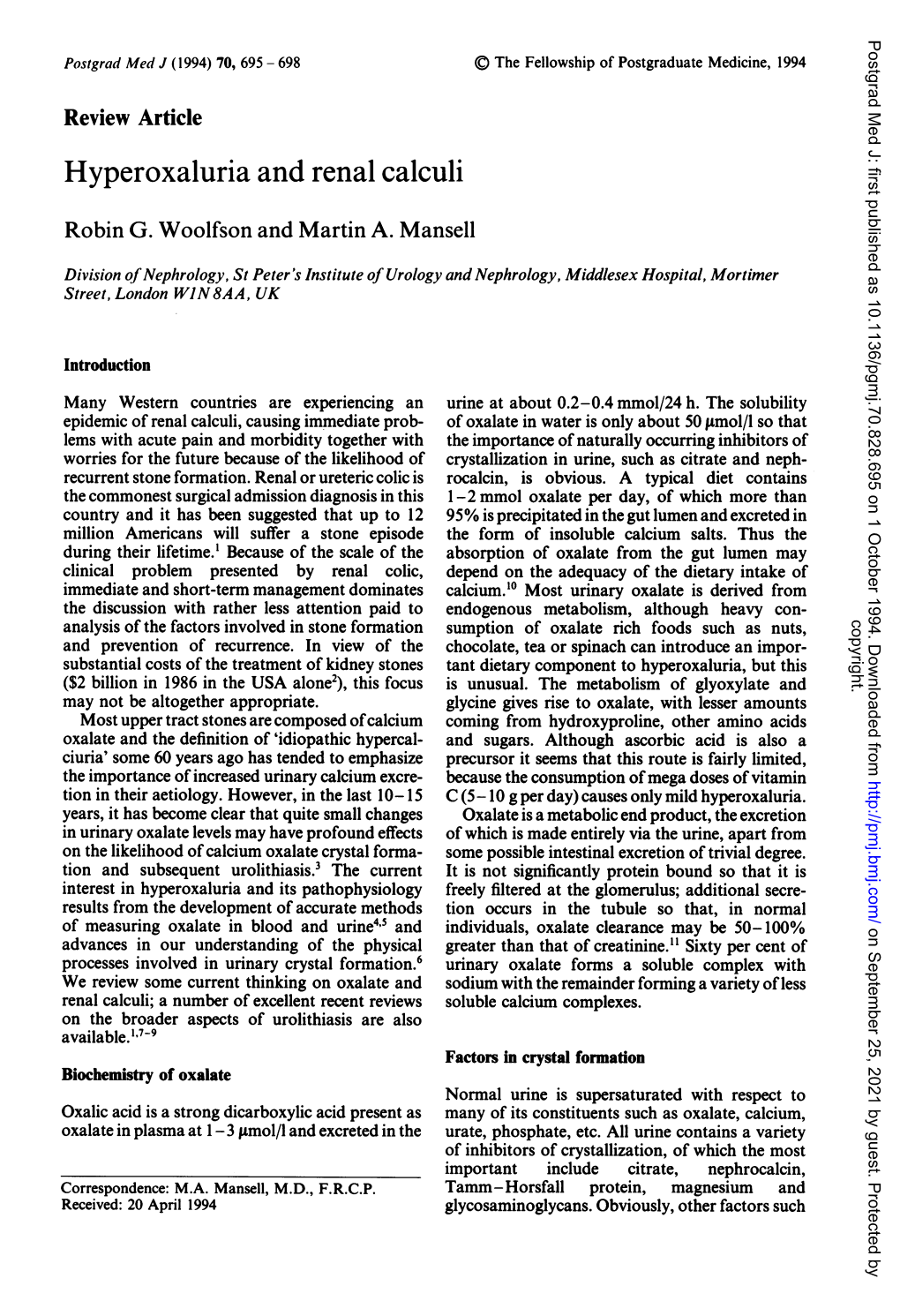 Hyperoxaluria and Renal Calculi Robin G