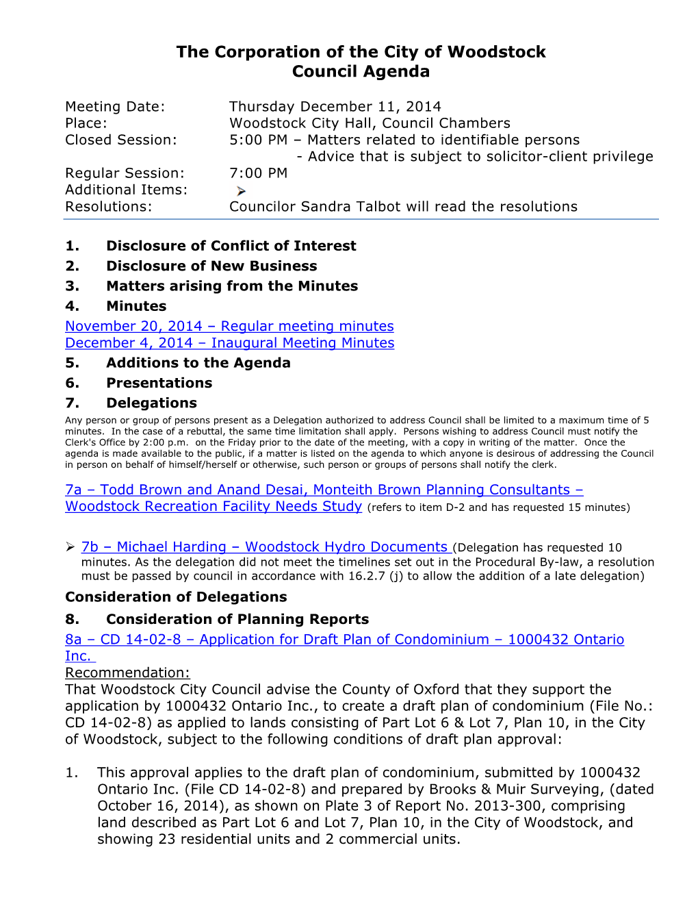 The Corporation of the City of Woodstock Council Agenda