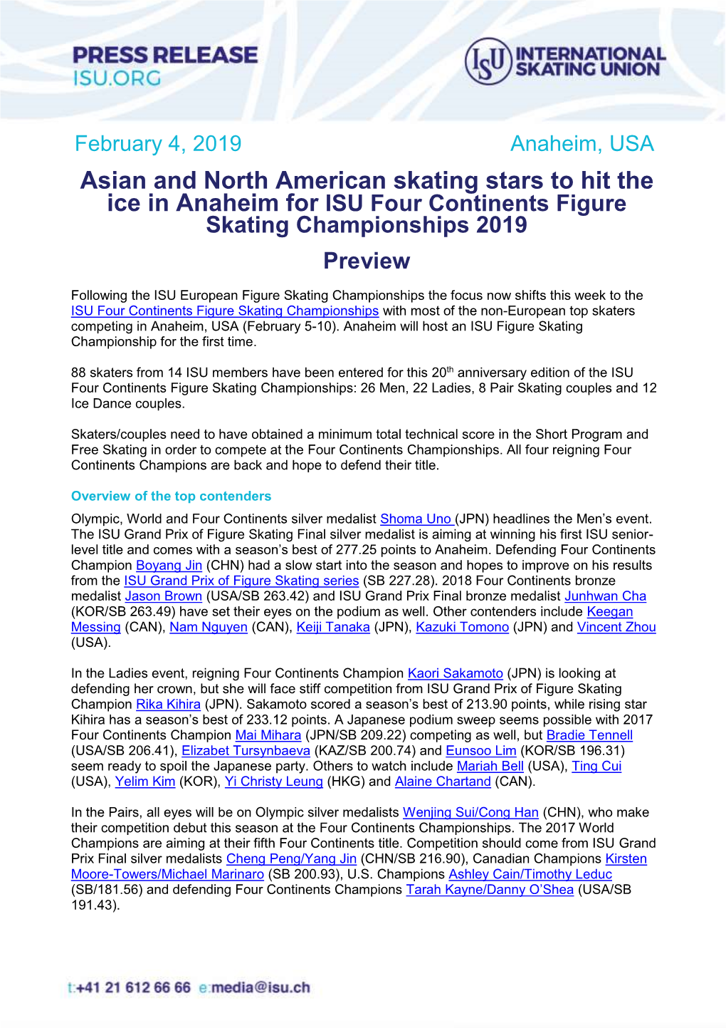 Asian and North American Skating Stars to Hit the Ice in Anaheim for ISU Four Continents Figure Skating Championships 2019 Preview