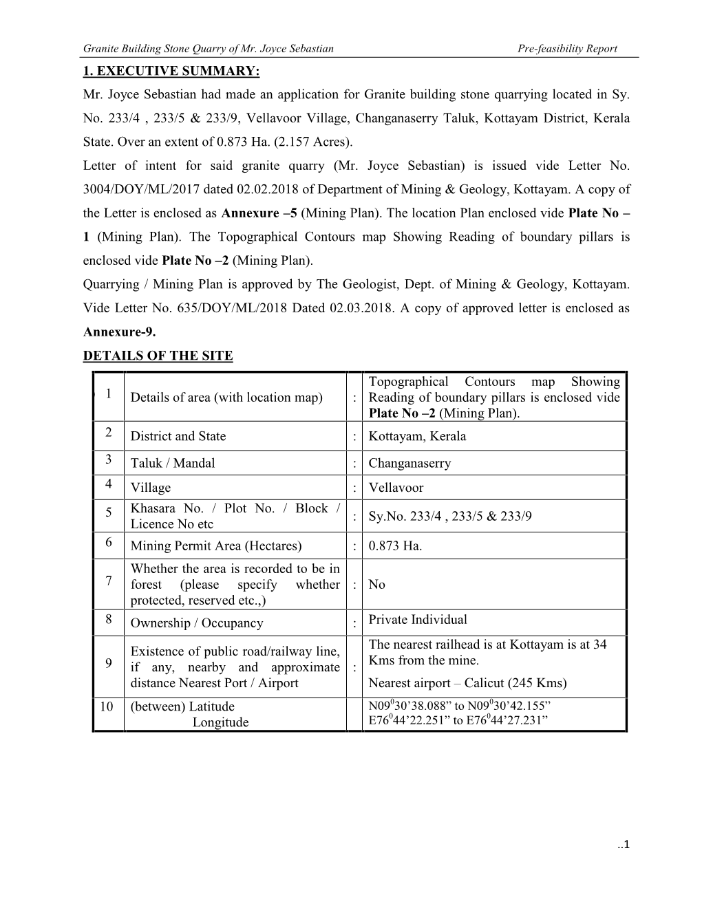 Mr. Joyce Sebastian Had Made an Application for Granite Building Stone Quarrying Located in Sy