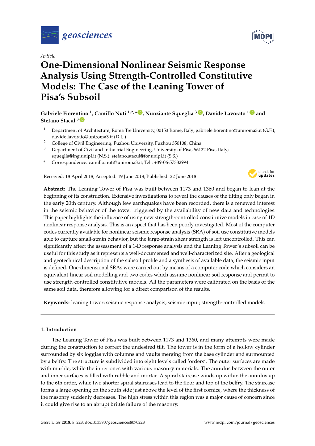 One-Dimensional Nonlinear Seismic Response Analysis Using Strength-Controlled Constitutive Models: the Case of the Leaning Tower of Pisa’S Subsoil