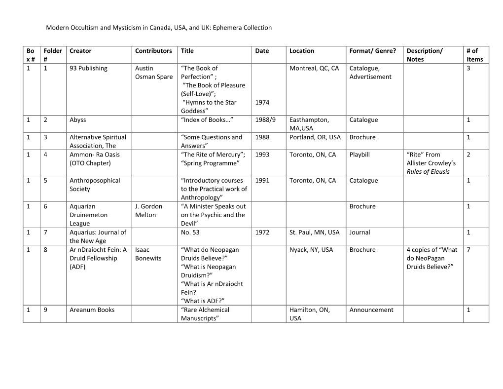 Modern Occultism and Mysticism in Canada, USA, and UK: Ephemera Collection