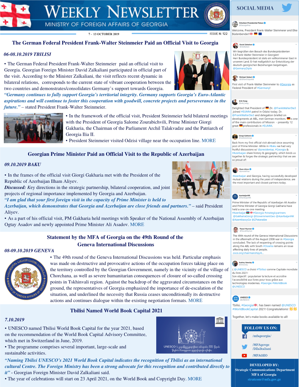 OCTOBER 2019 ISSUE N: 122 the German Federal President Frank-Walter Steinmeier Paid an Official Visit to Georgia